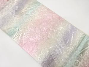 流水に花車・孔雀模様織り出し　袋帯